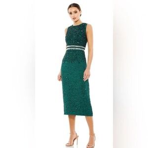 Mac Duggal Green Sleeveless High Neck Beaded Midi Sheath Dress 8 formal cocktail